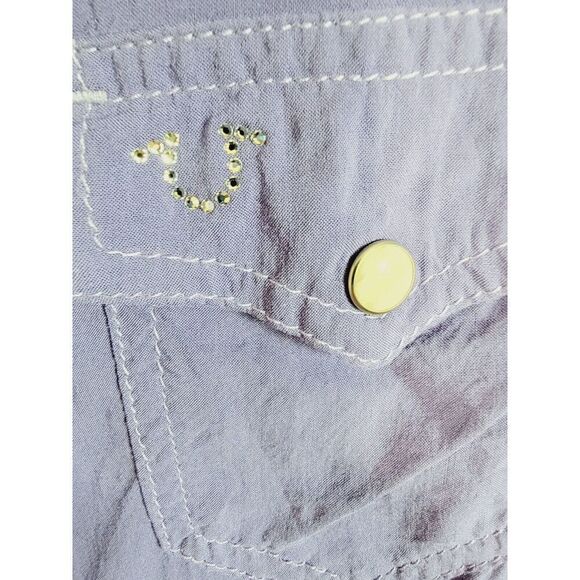 True Religion XS Pearl Snap Western Buttoned Shirt Crystal Logo Pockets Purple - Picture 4 of 10
